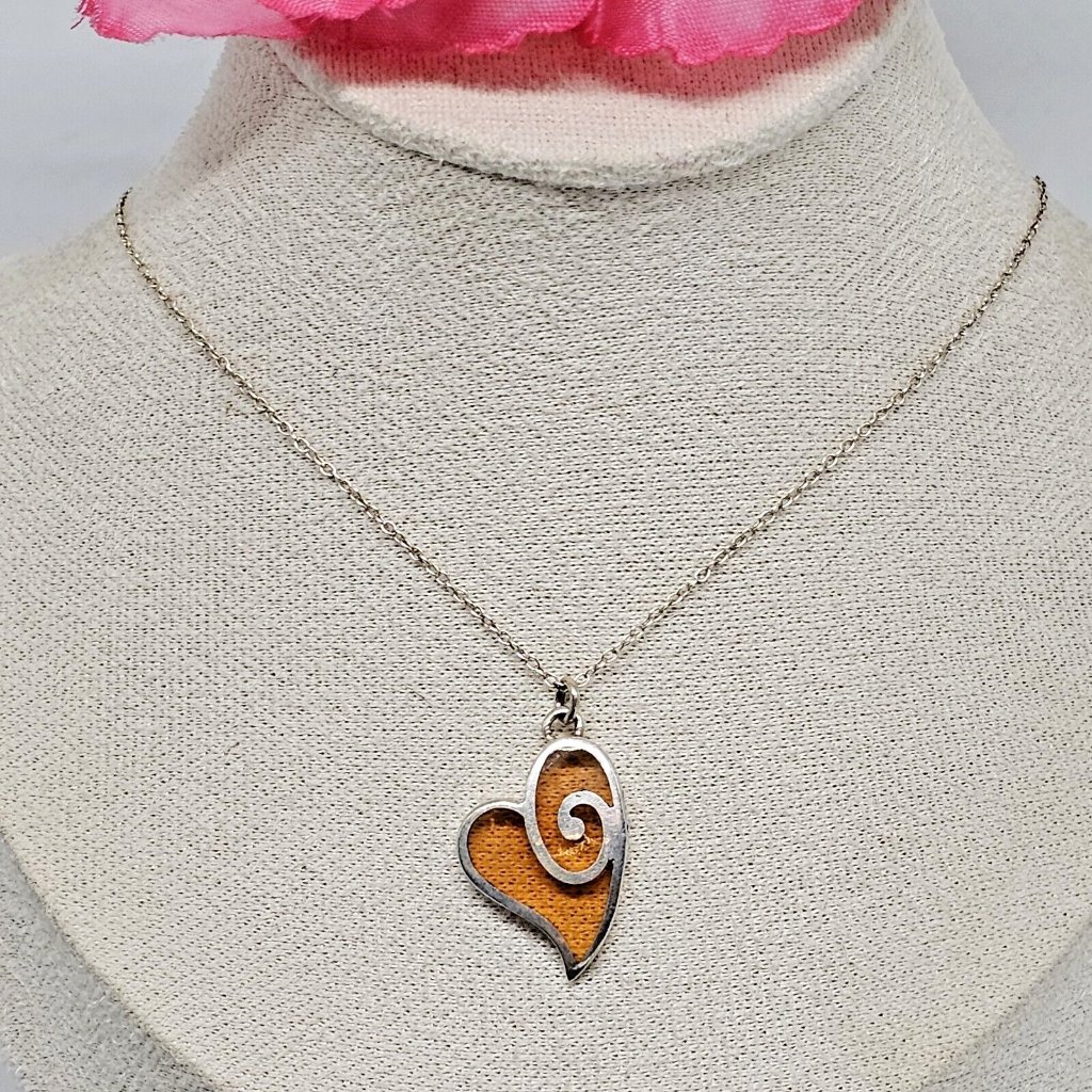925 Sterling Silver - Orange Stained Glass Heart Pendant Chain Necklace